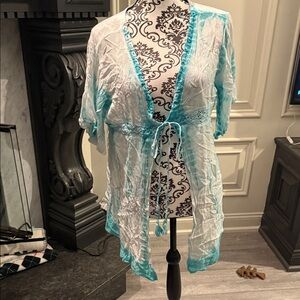 Raya Sun Sheer Tie-Front Kimono/ Cover up- White and Turquoise